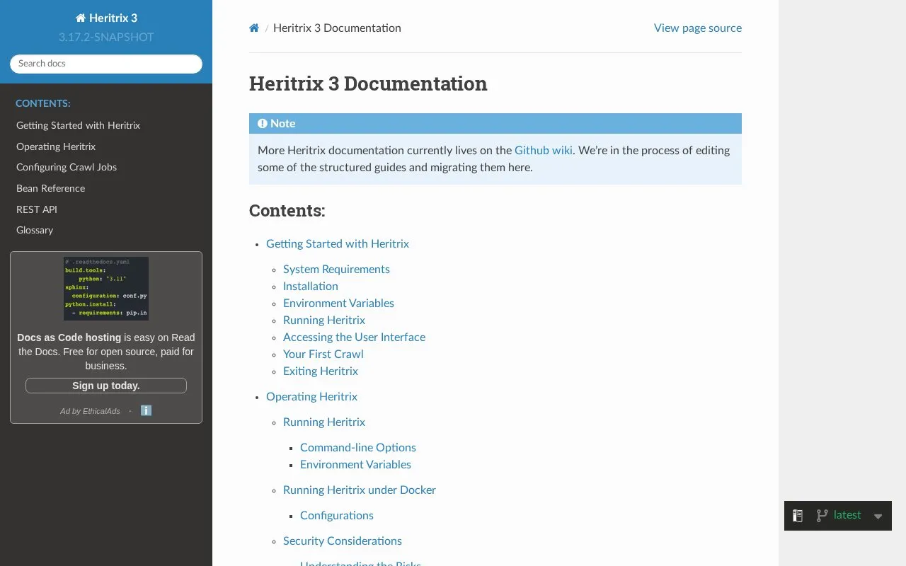 Heritrix homepage screenshot