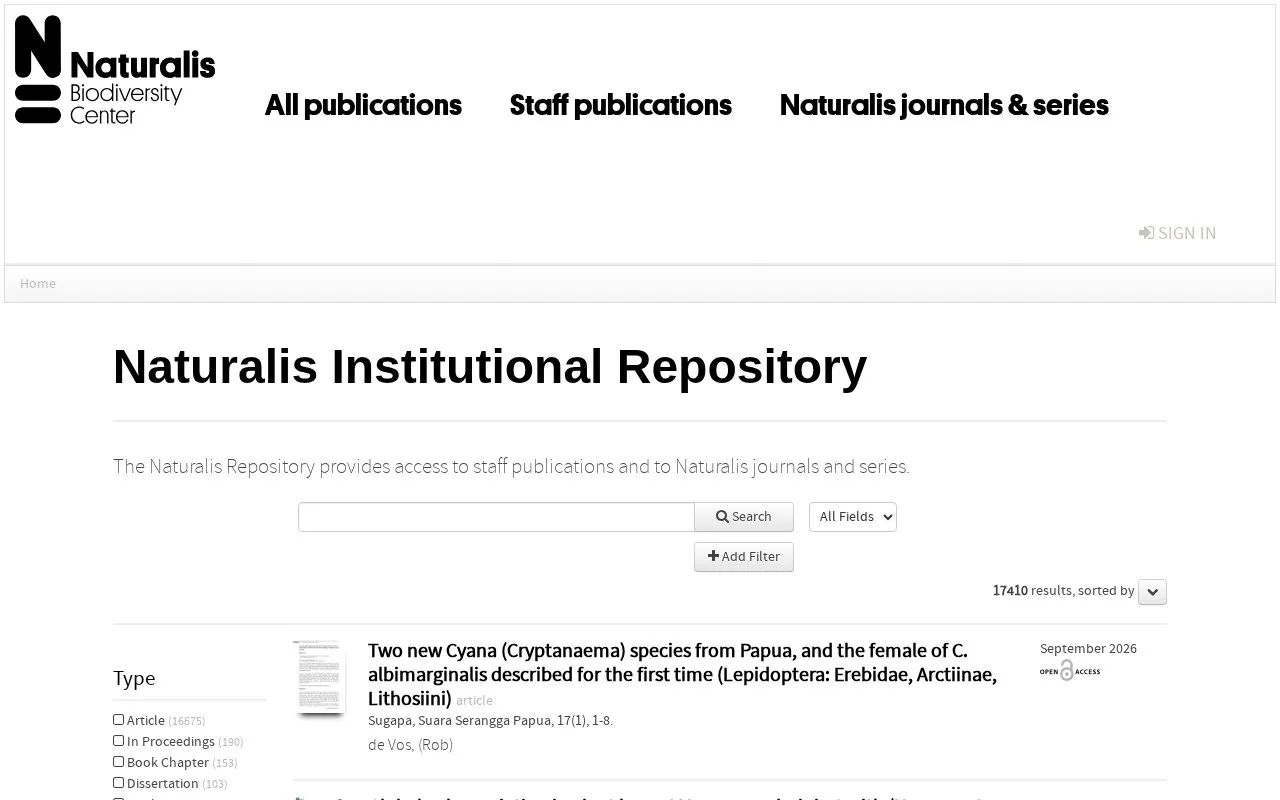 Naturalis Institutional Repository homepage screenshot