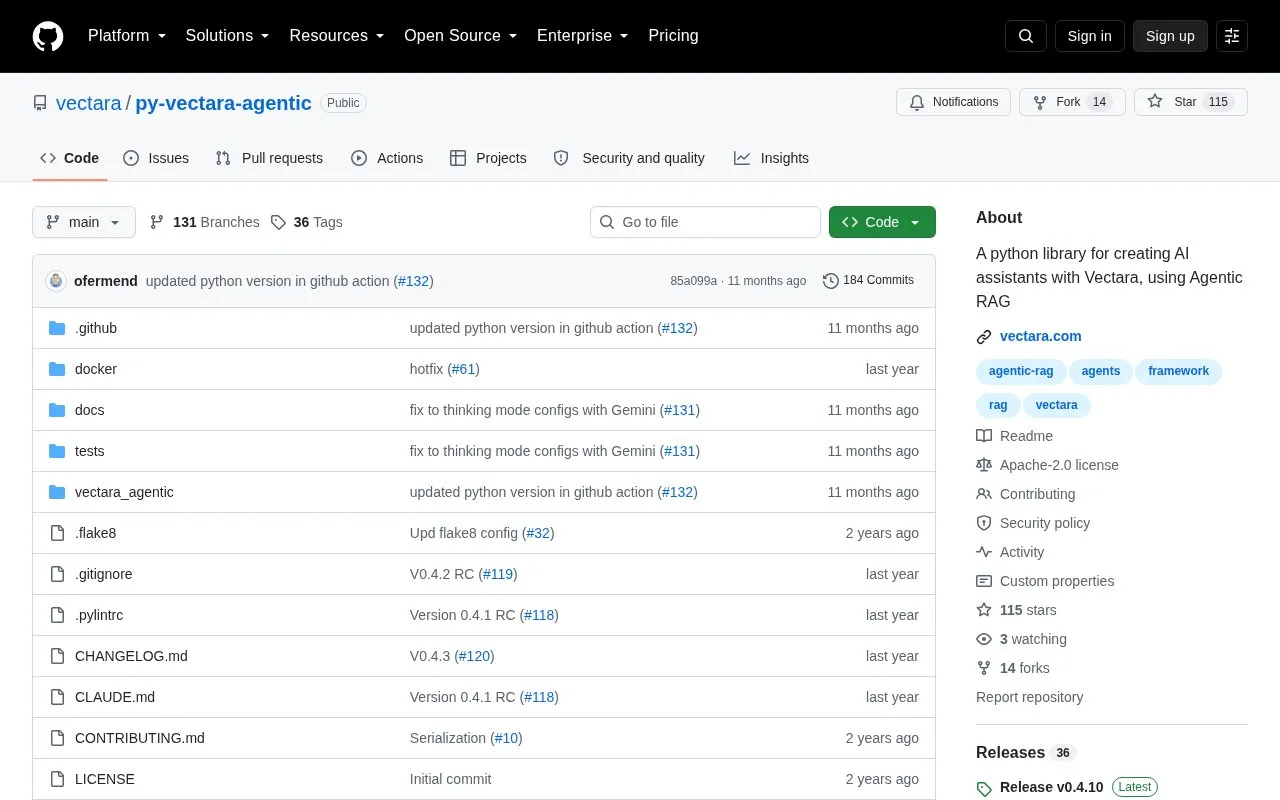 Vectara-agentic homepage screenshot