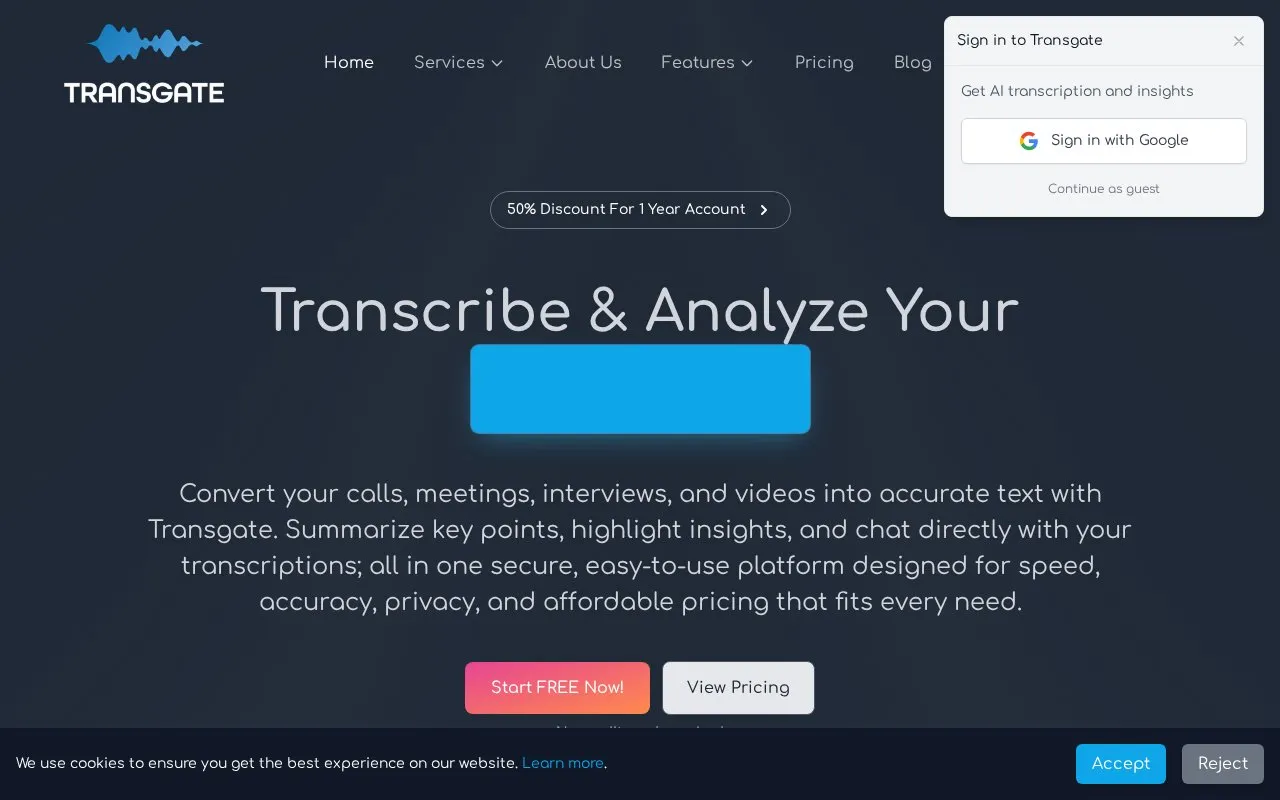 Transgate homepage screenshot