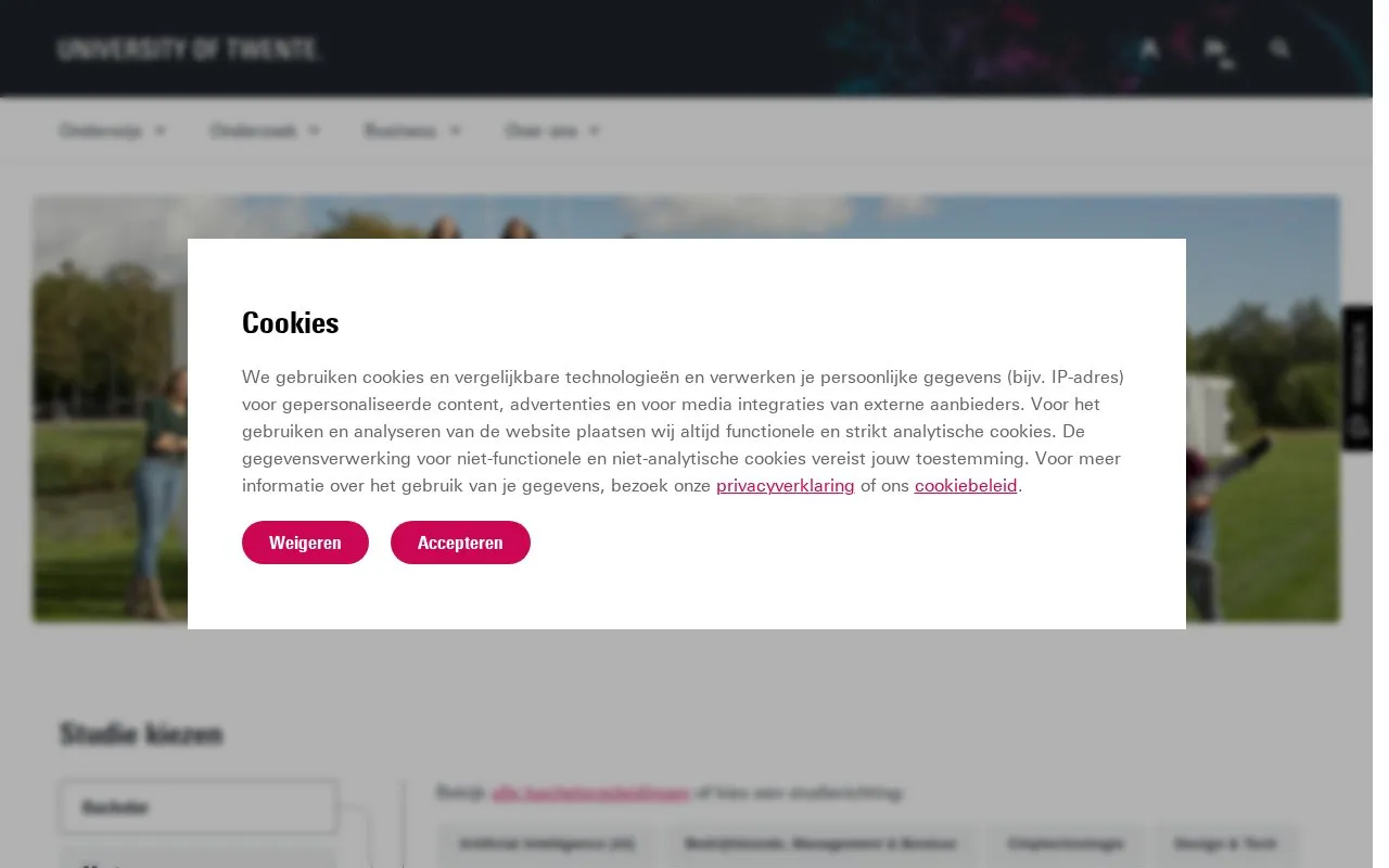 University of Twente homepage screenshot