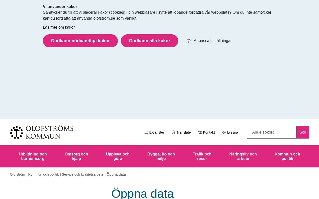 Open data Olofströms Municipality homepage screenshot