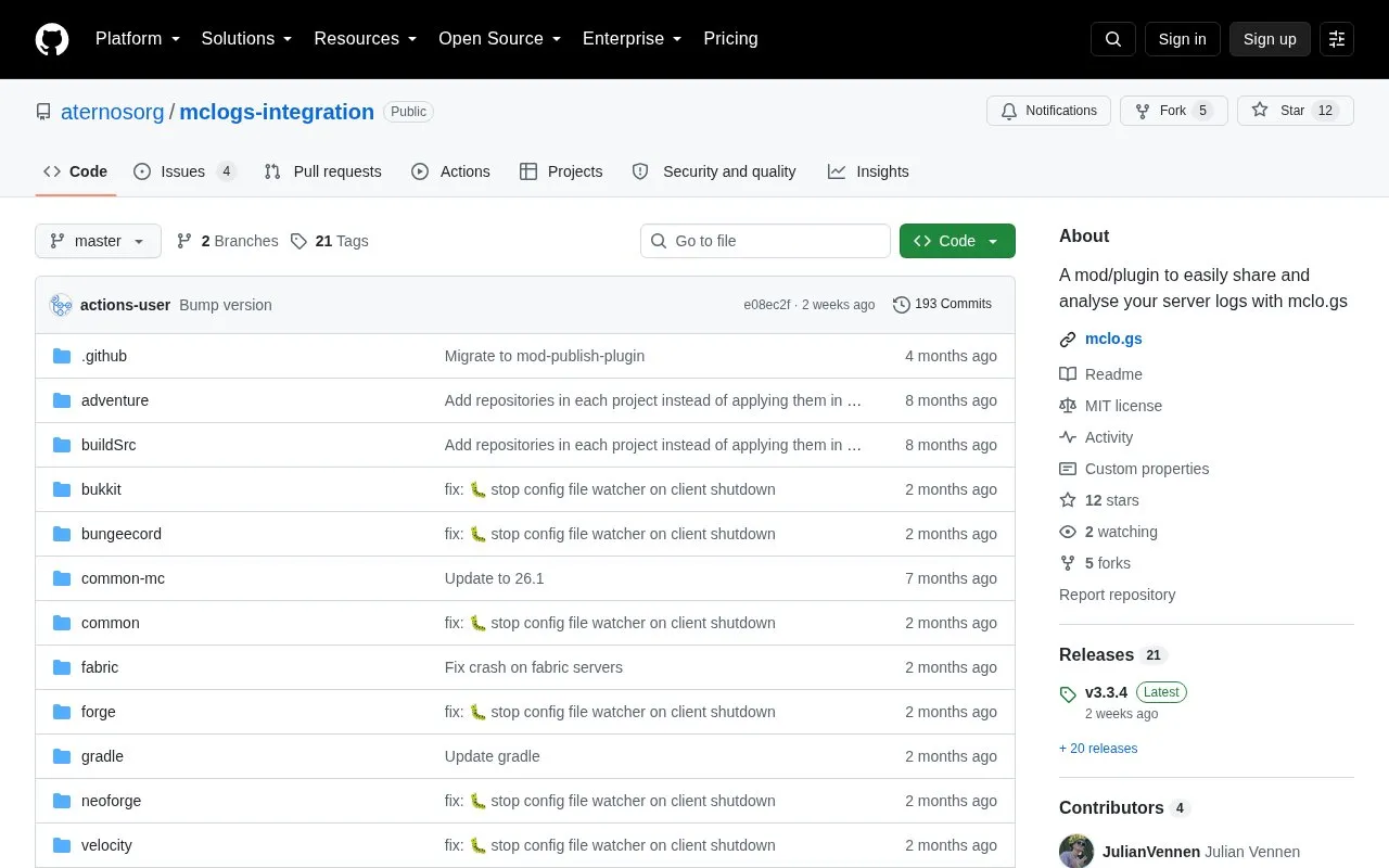 Mclogs Integration homepage screenshot