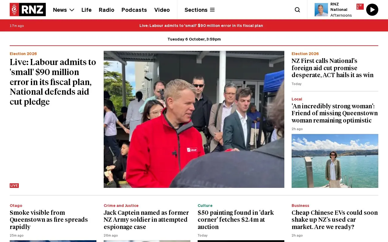 RNZ News homepage screenshot