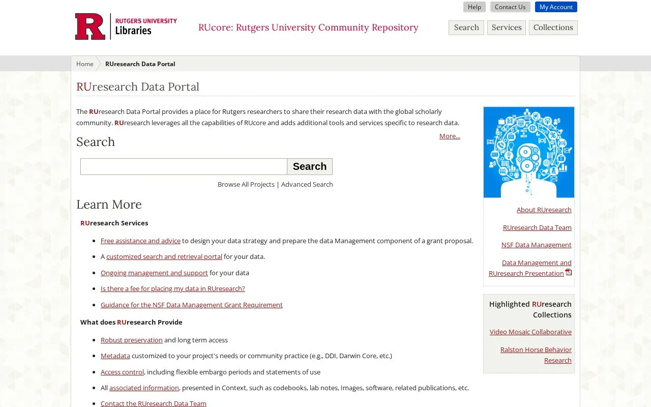 RUresearch Data Portal homepage screenshot
