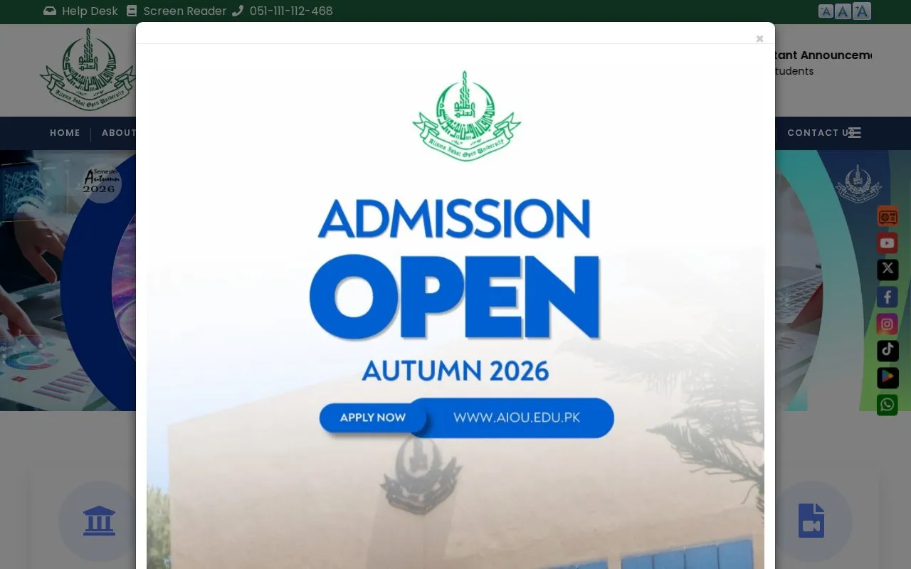 Allama Iqbal Open University homepage screenshot