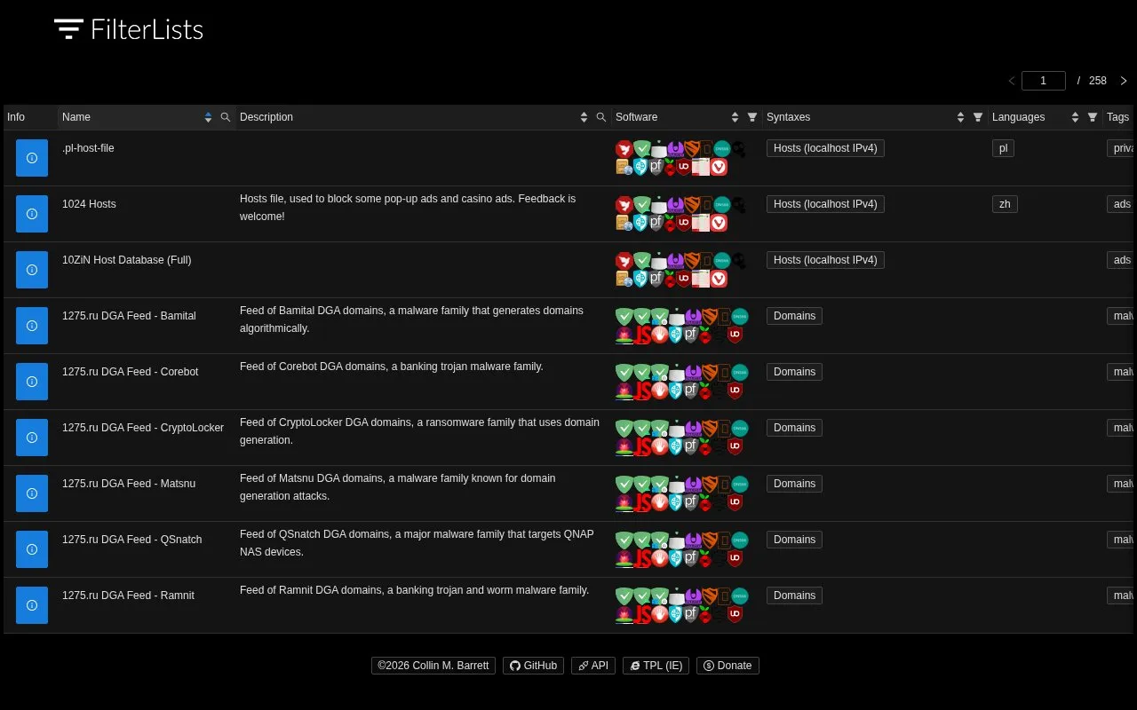 FilterLists homepage screenshot