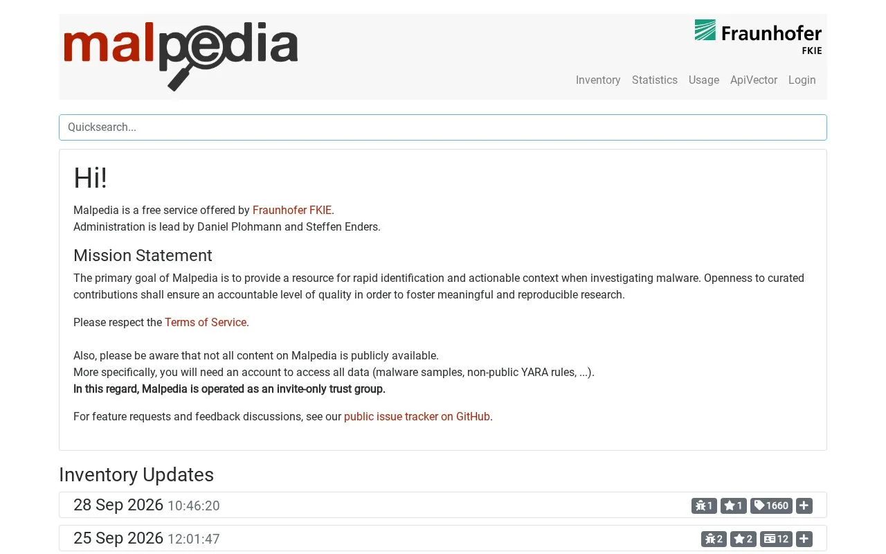 Malpedia homepage screenshot