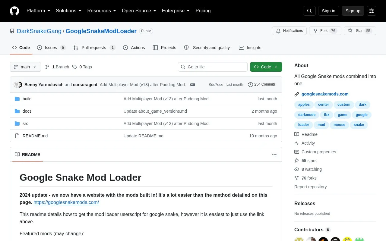 Google Snake Mod Loader homepage screenshot