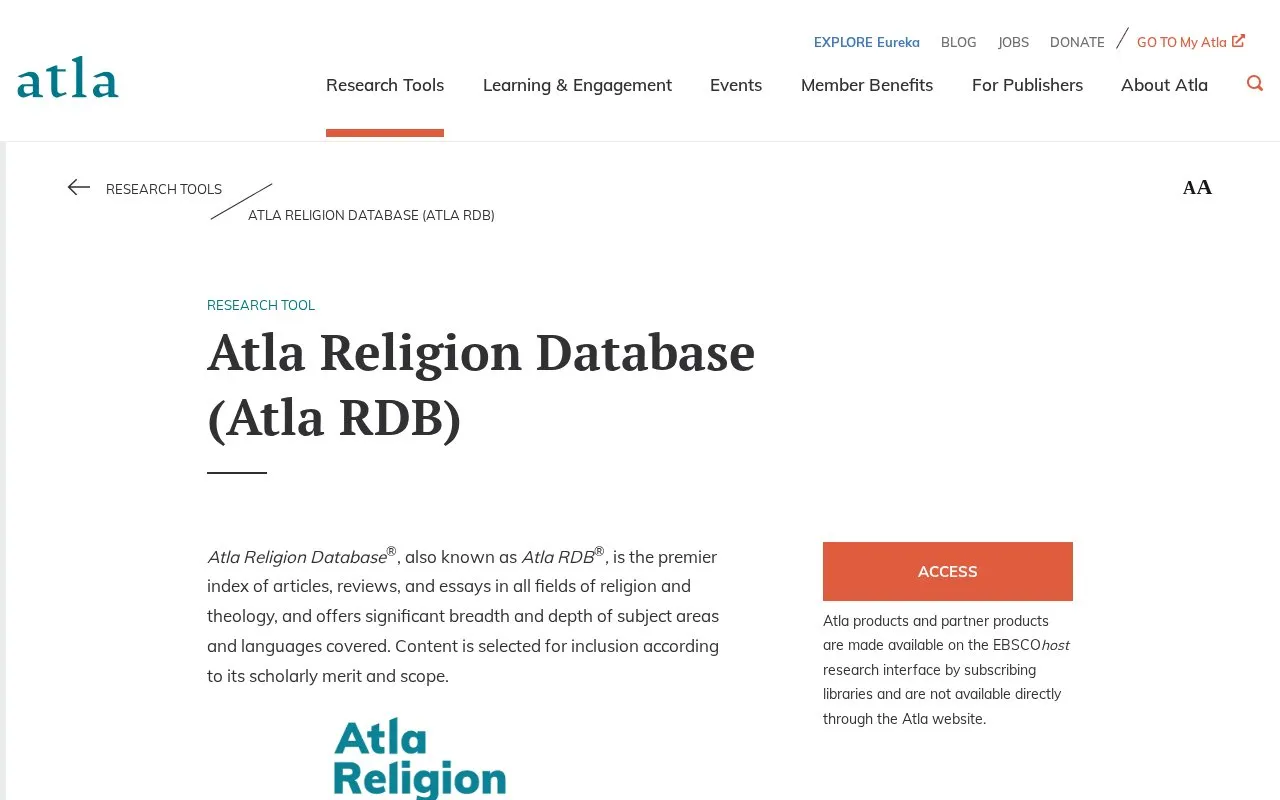 Atla Religion Database homepage screenshot
