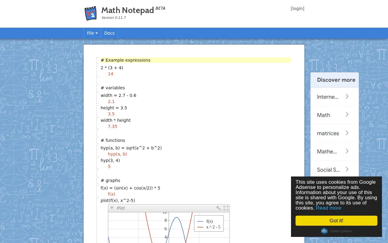Math Notepad homepage screenshot