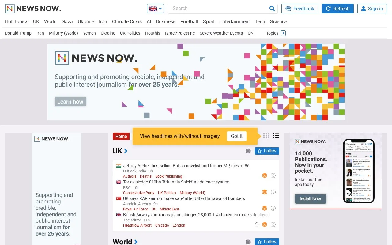 Newsnow homepage screenshot