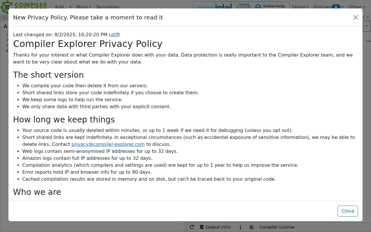 Compiler Explorer homepage screenshot