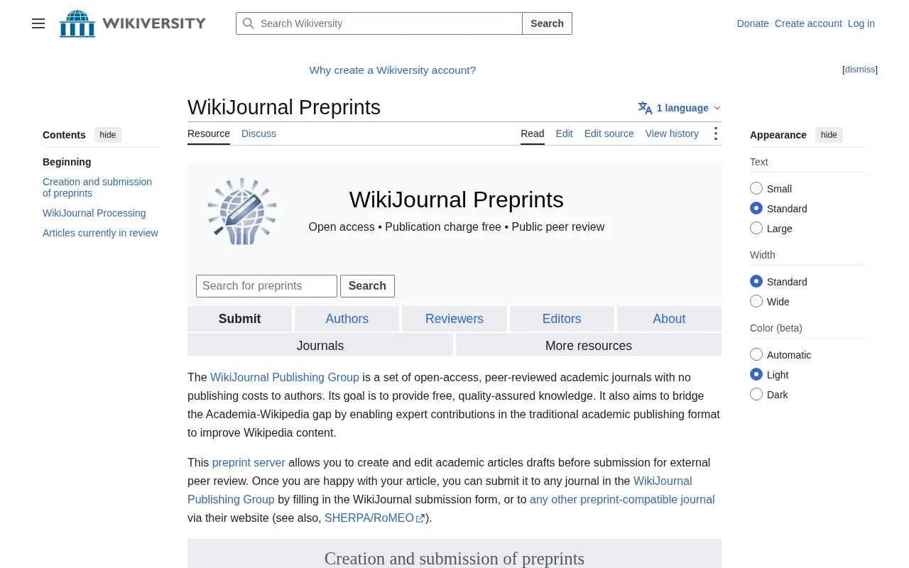 WikiJournal Preprints homepage screenshot