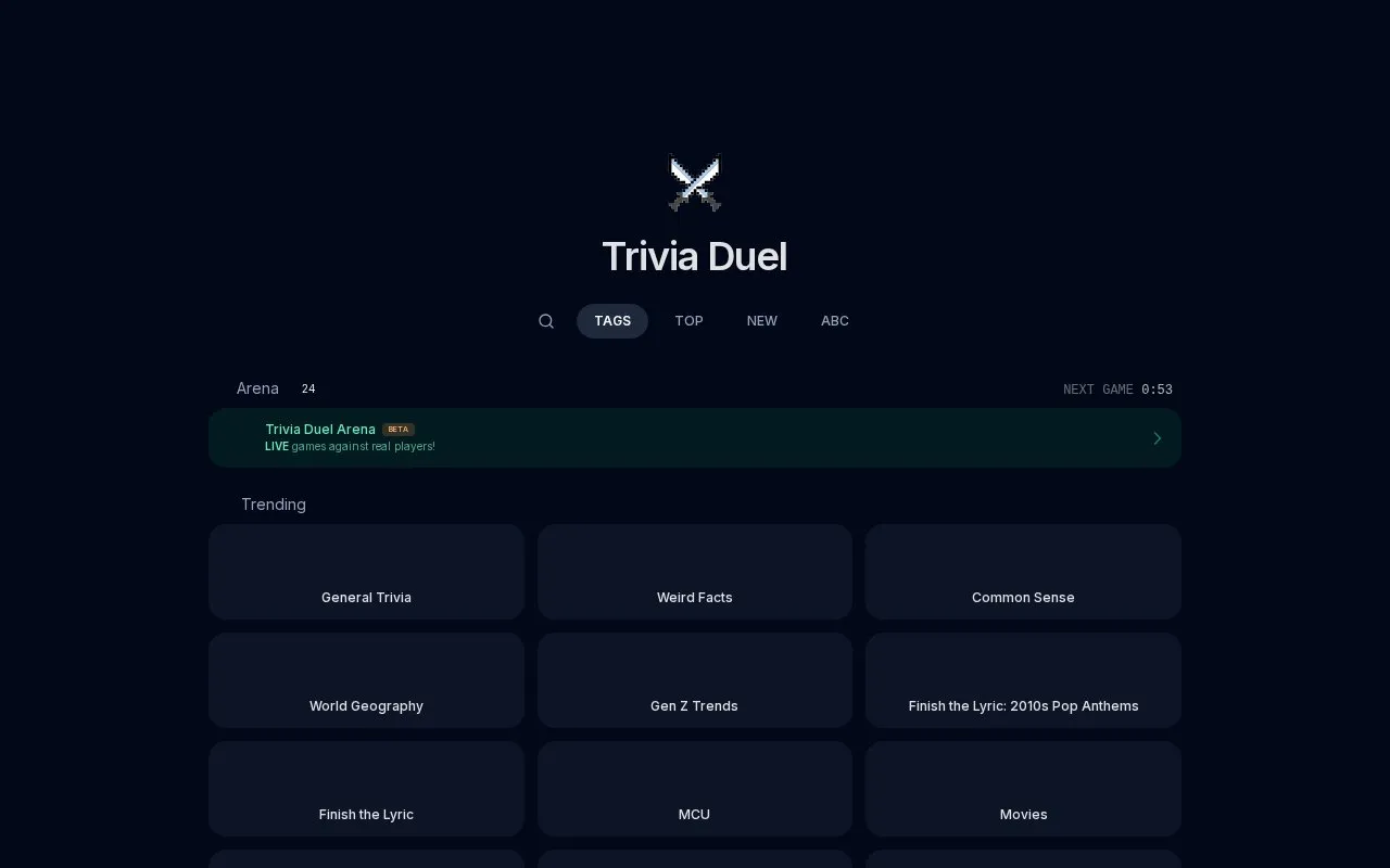 TriviaDuel homepage screenshot