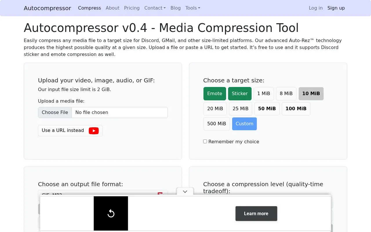 autocompressor homepage screenshot