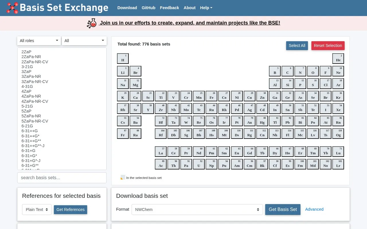 Basis Set Exchange homepage screenshot