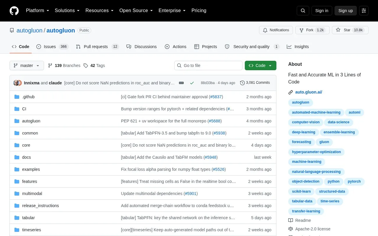 AutoGluon homepage screenshot