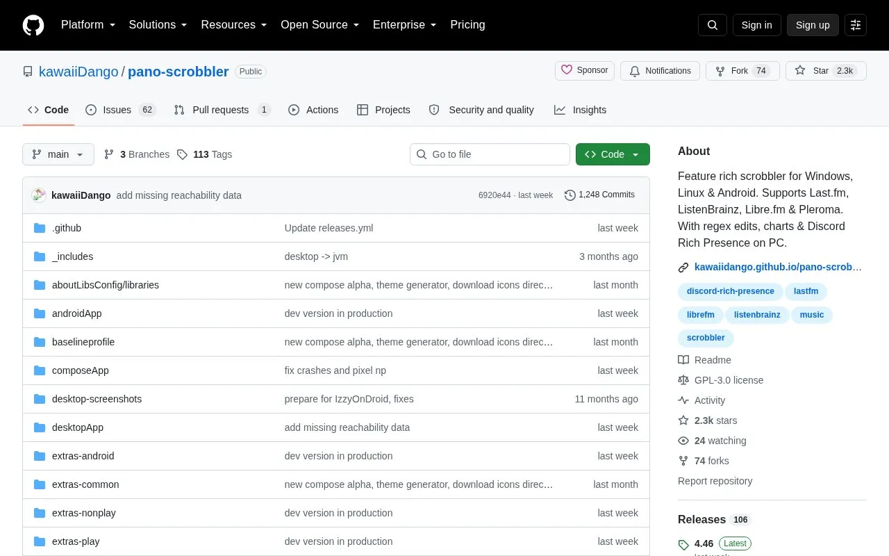 Pano Scrobbler homepage screenshot