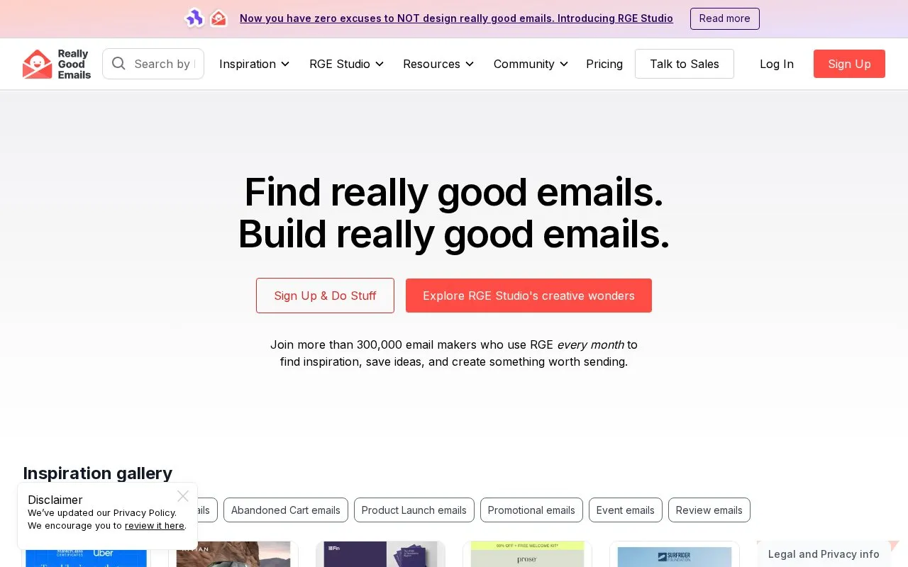Really Good Emails homepage screenshot