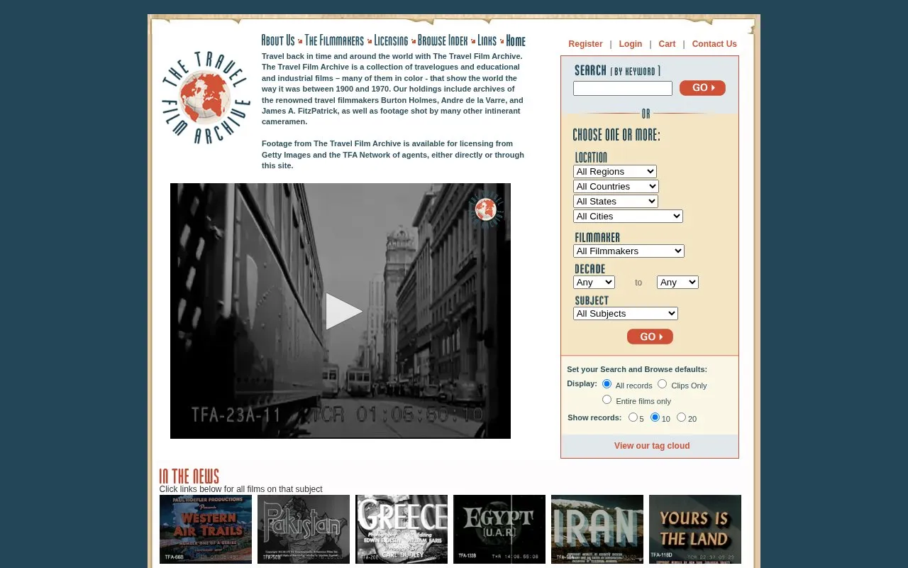 The Travel Film Archive homepage screenshot