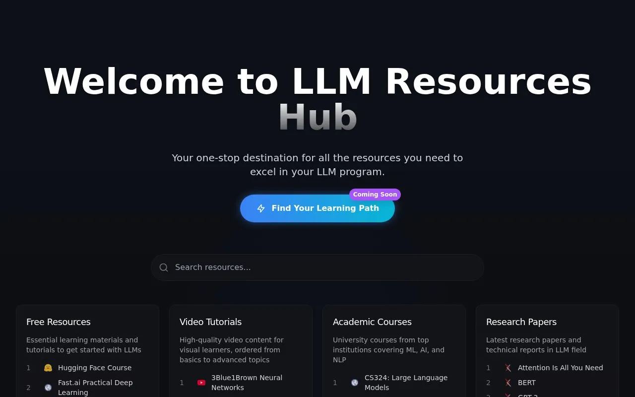 LLM Resources Hub homepage screenshot