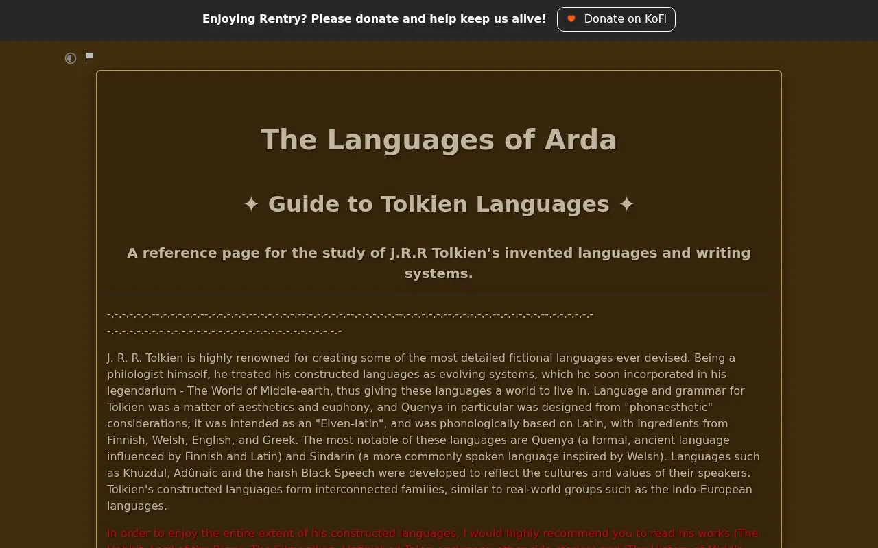 Languages of Arda homepage screenshot