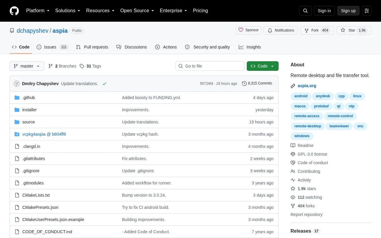 Aspia homepage screenshot