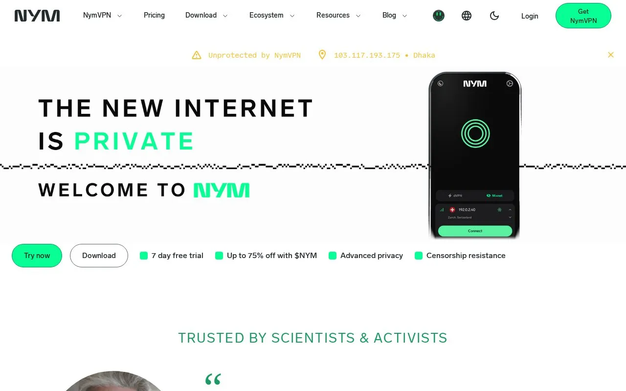 Nym homepage screenshot