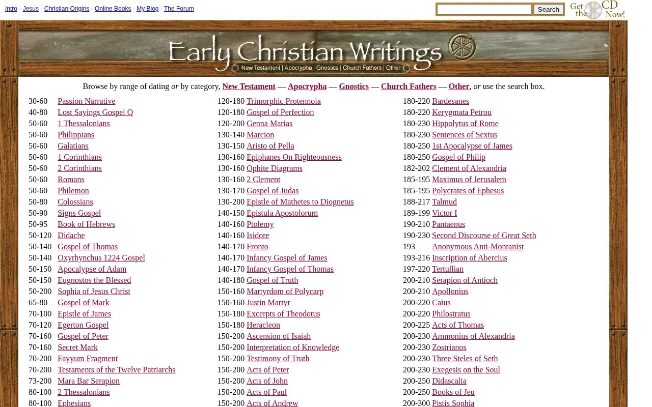 Early Christian Writings homepage screenshot