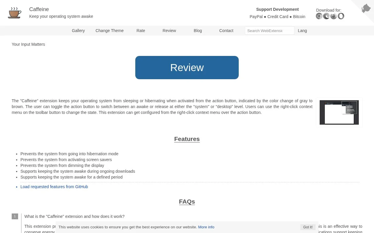 Caffeine homepage screenshot