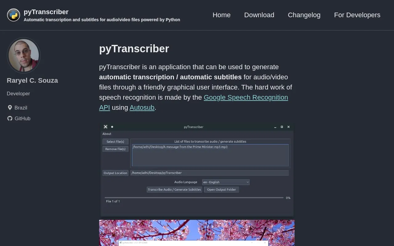 pyTranscriber homepage screenshot