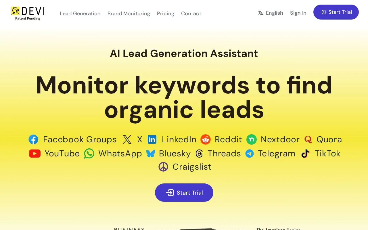 Devi AI homepage screenshot