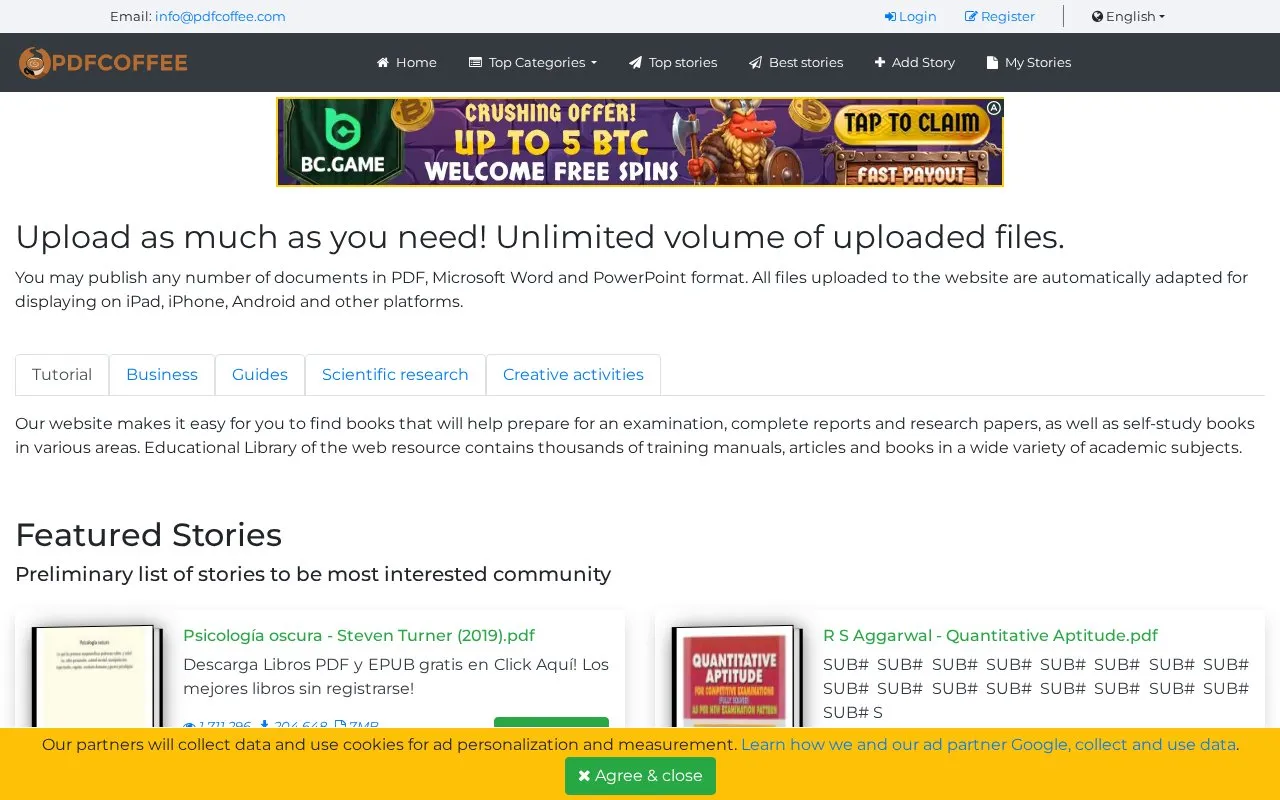 PDFCoffee homepage screenshot