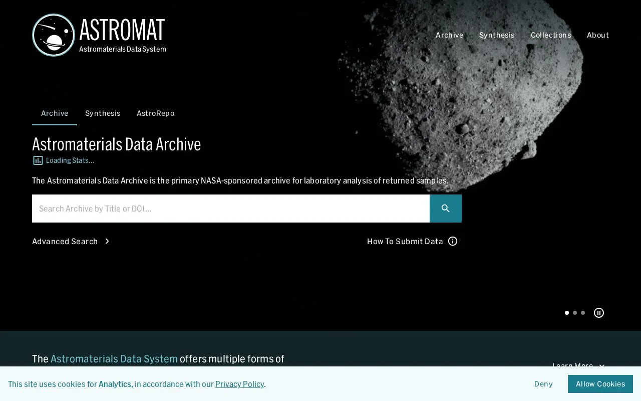 Astromaterials Data System homepage screenshot