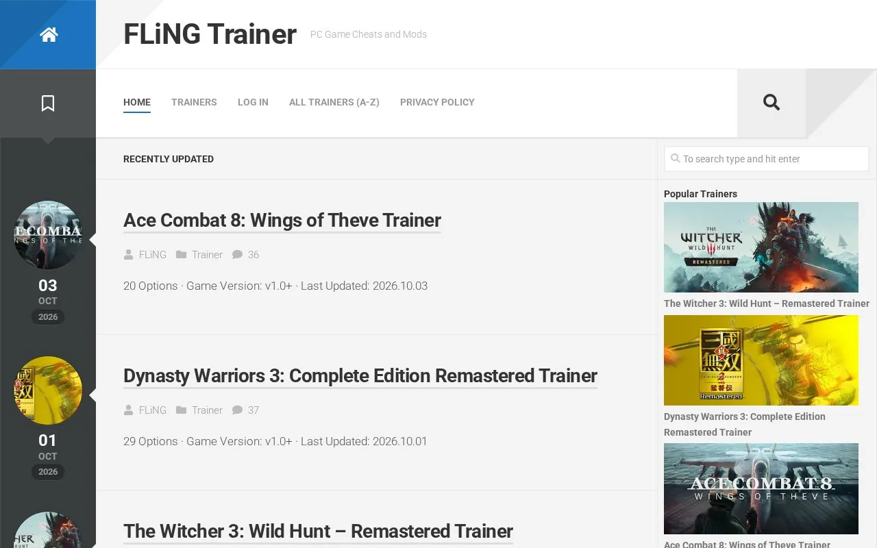 FlingTrainer homepage screenshot