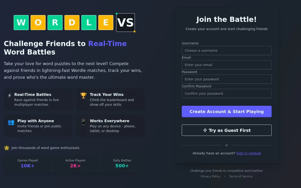 Wordle VS homepage screenshot