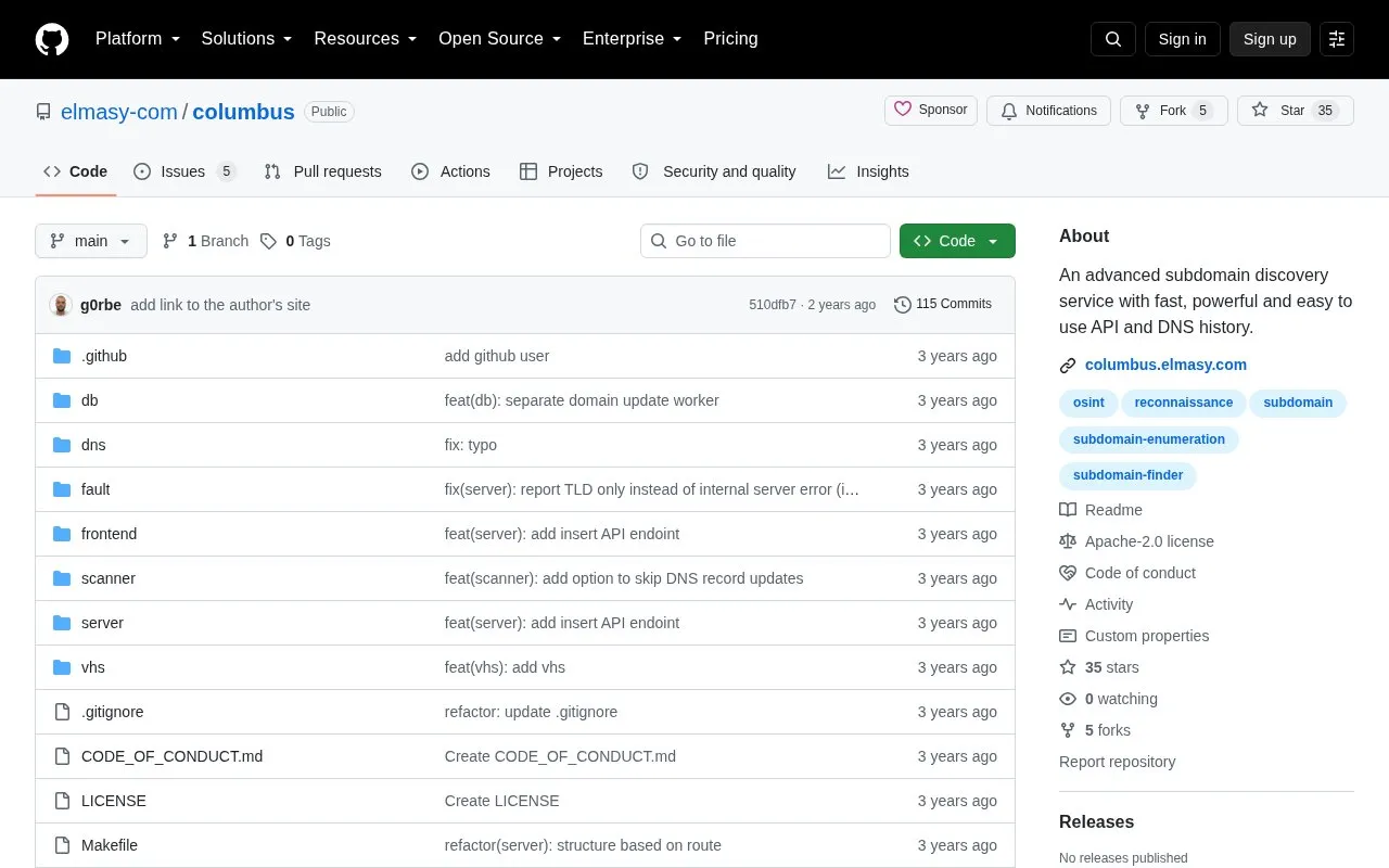 Columbus Project homepage screenshot