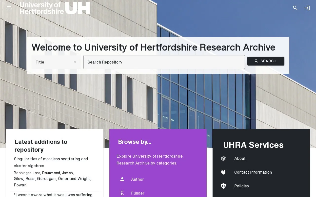University of Hertfordshire Research Archive homepage screenshot
