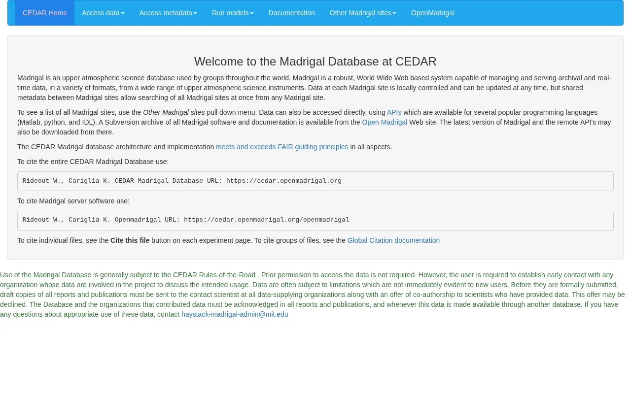 Madrigal Database homepage screenshot