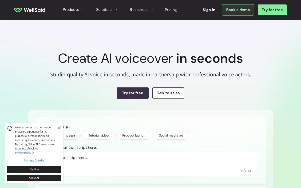 WellSaid homepage screenshot