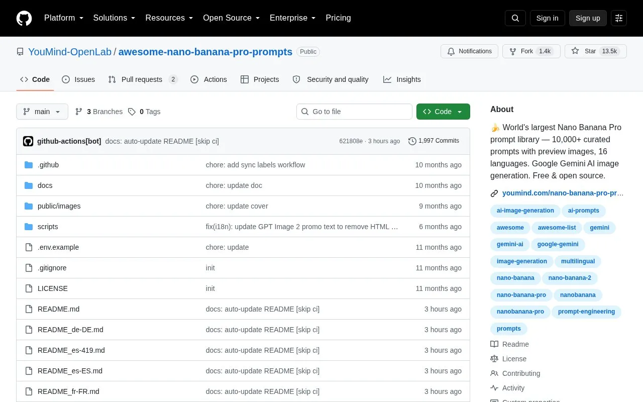Awesome Nano Banana Pro Prompts homepage screenshot