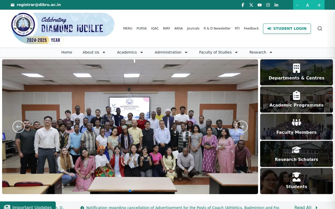 Dibrugarh University homepage screenshot