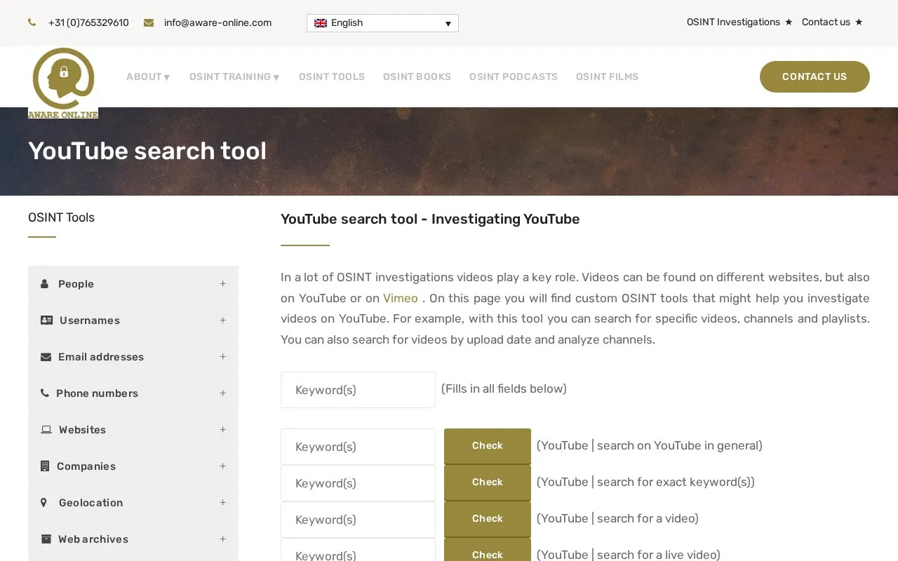 YouTube search tool homepage screenshot