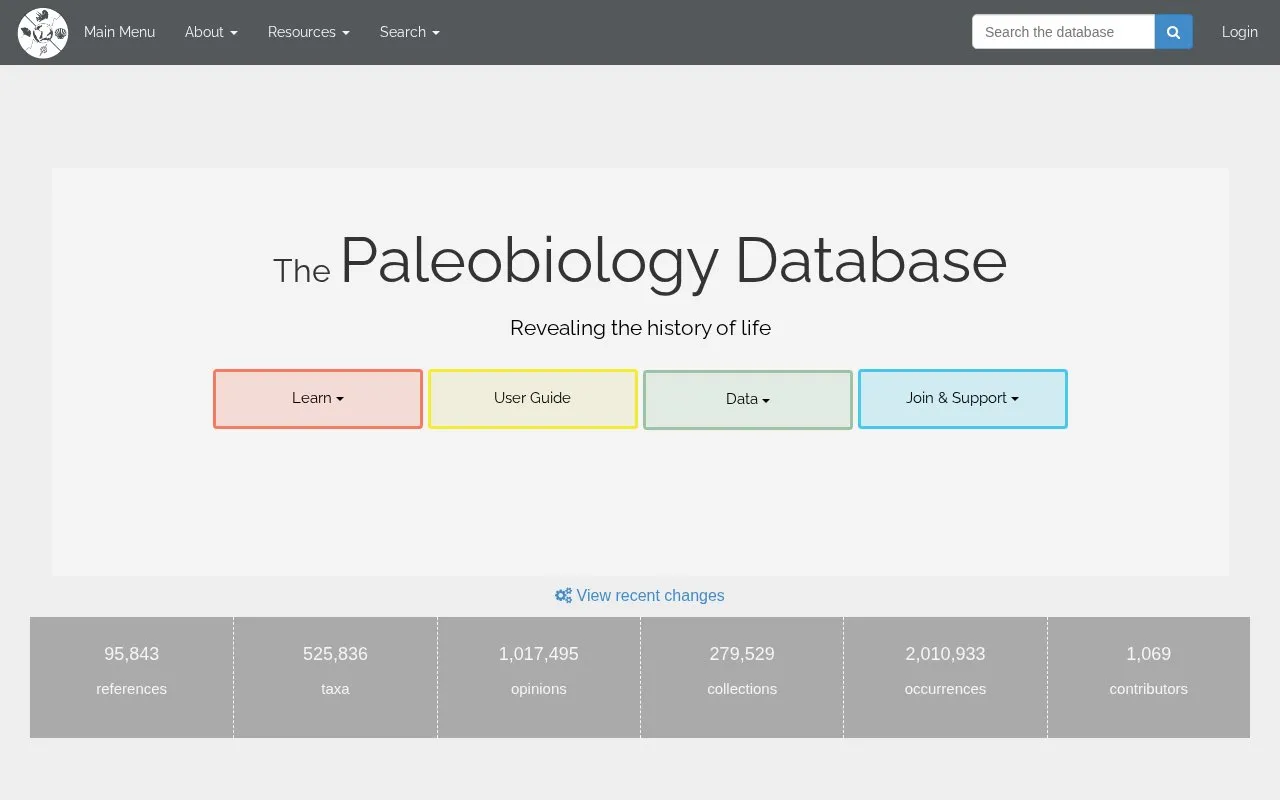 The Paleobiology Database homepage screenshot