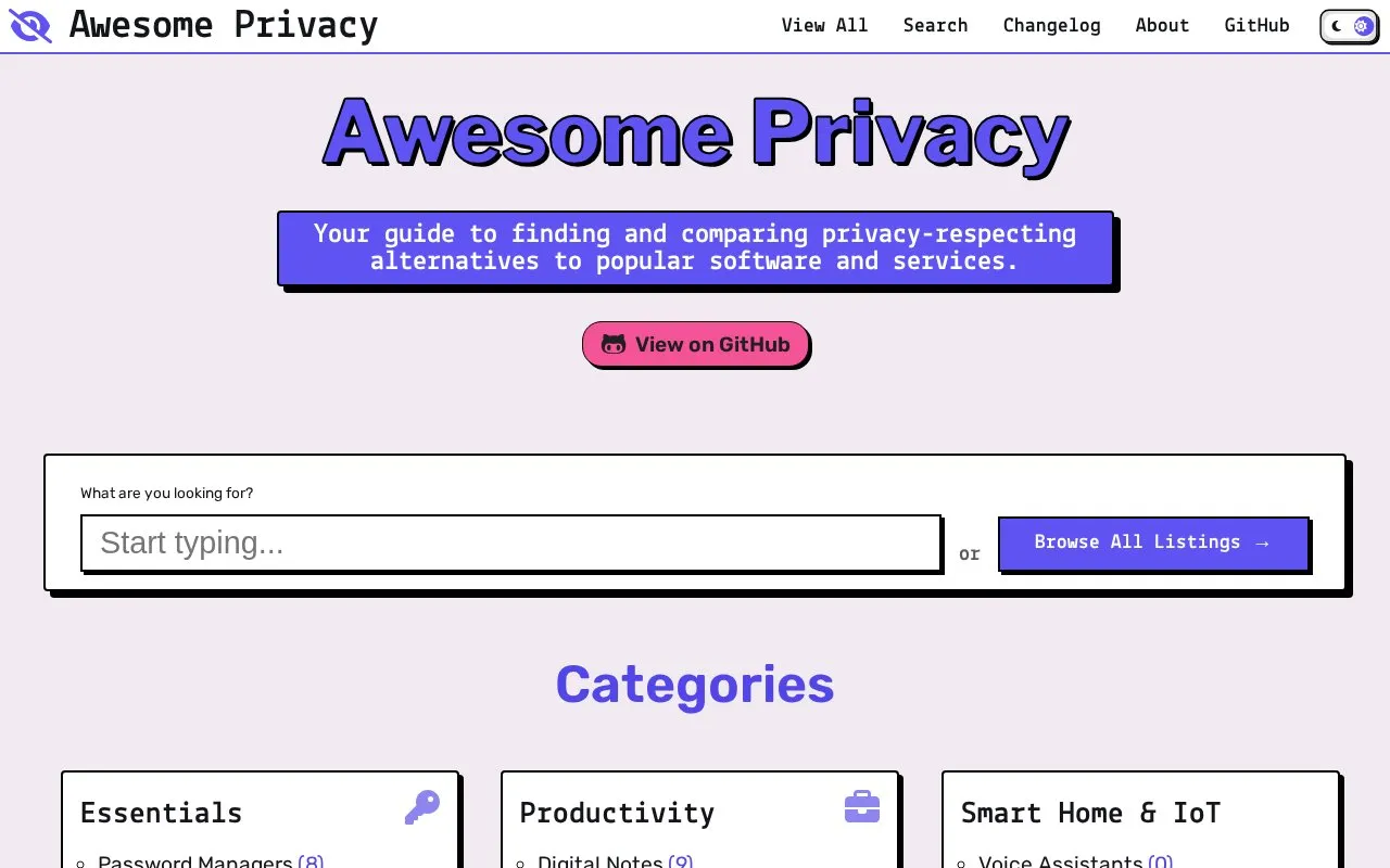 Awesome Privacy homepage screenshot