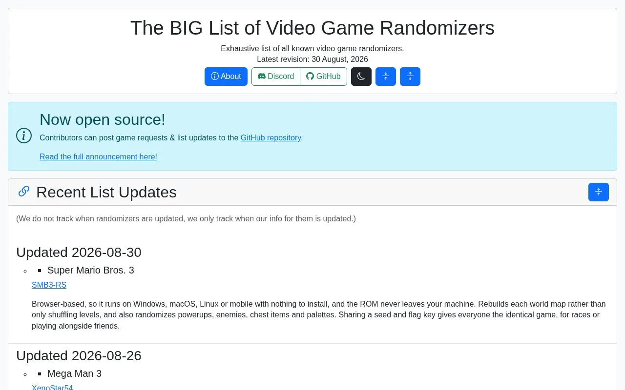 Big List of Randomizers homepage screenshot