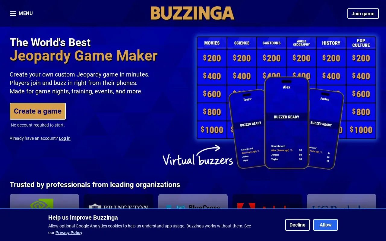 Buzzinga homepage screenshot