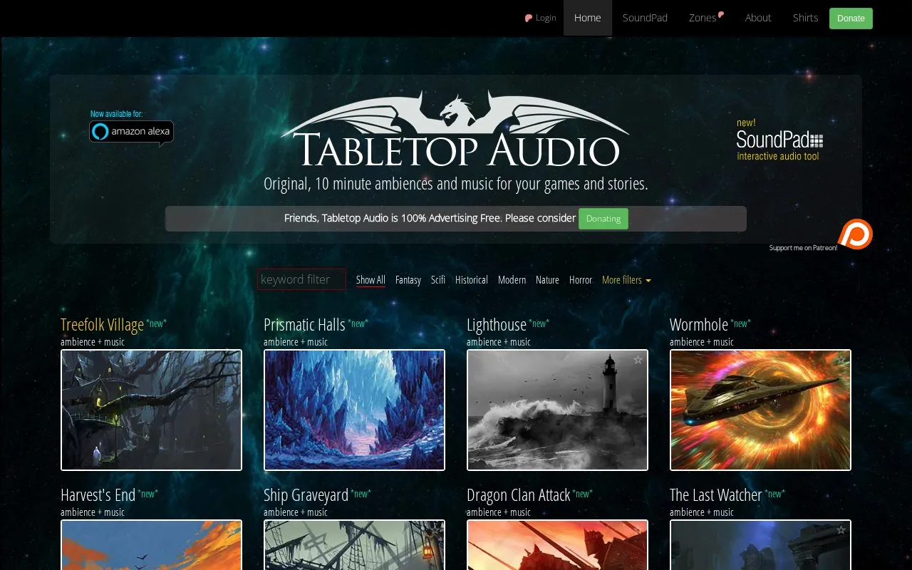 Tabletop Audio homepage screenshot