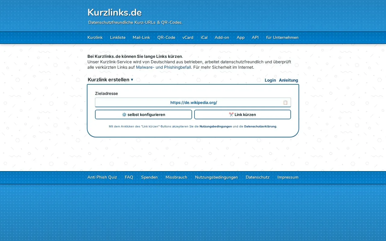 Kurzlinks homepage screenshot